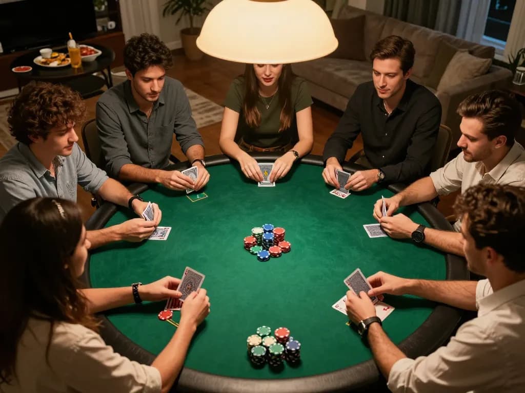 Main poker lapak303 night with friends playing around a round table, focused on strategic gameplay.