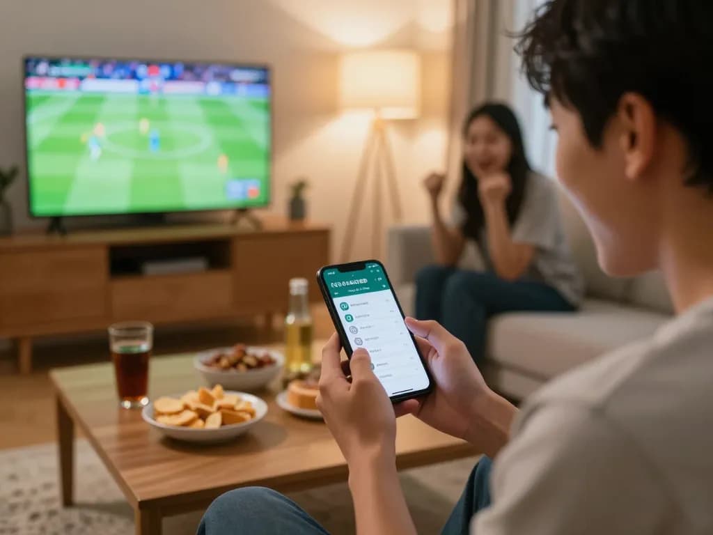 Celebrating a win on kèo bóng đá trực tuyến using a betting app during a lively sports event
