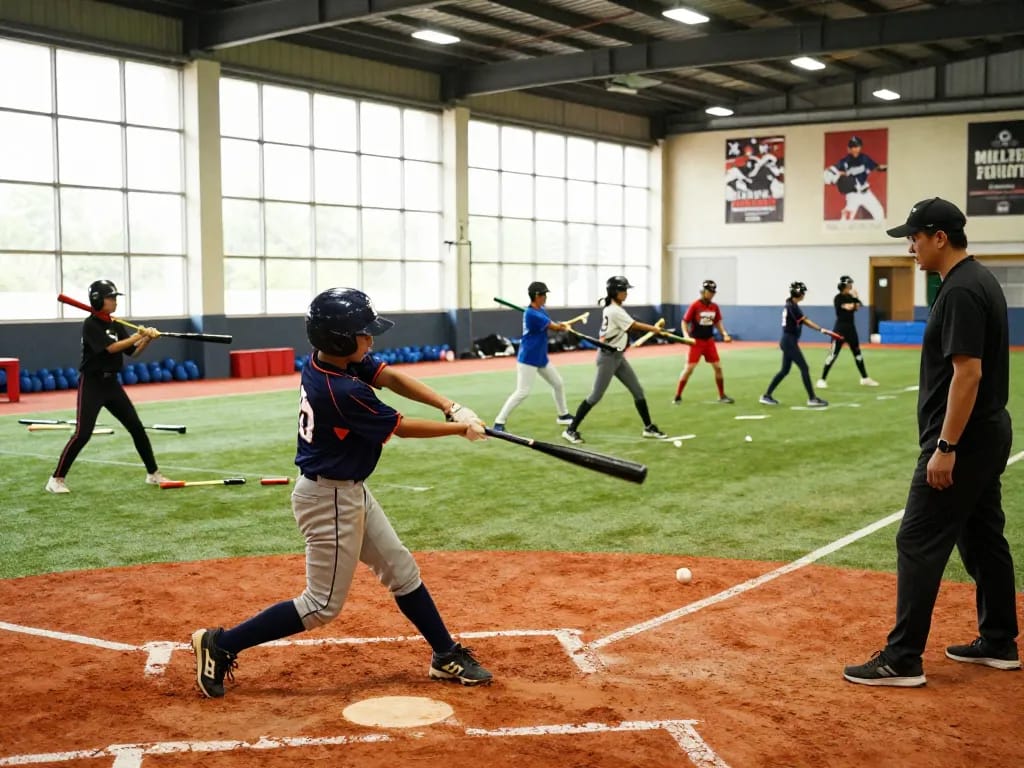 Young athletes training at HitClub baseball facility showcasing dynamic coaching and team spirit.