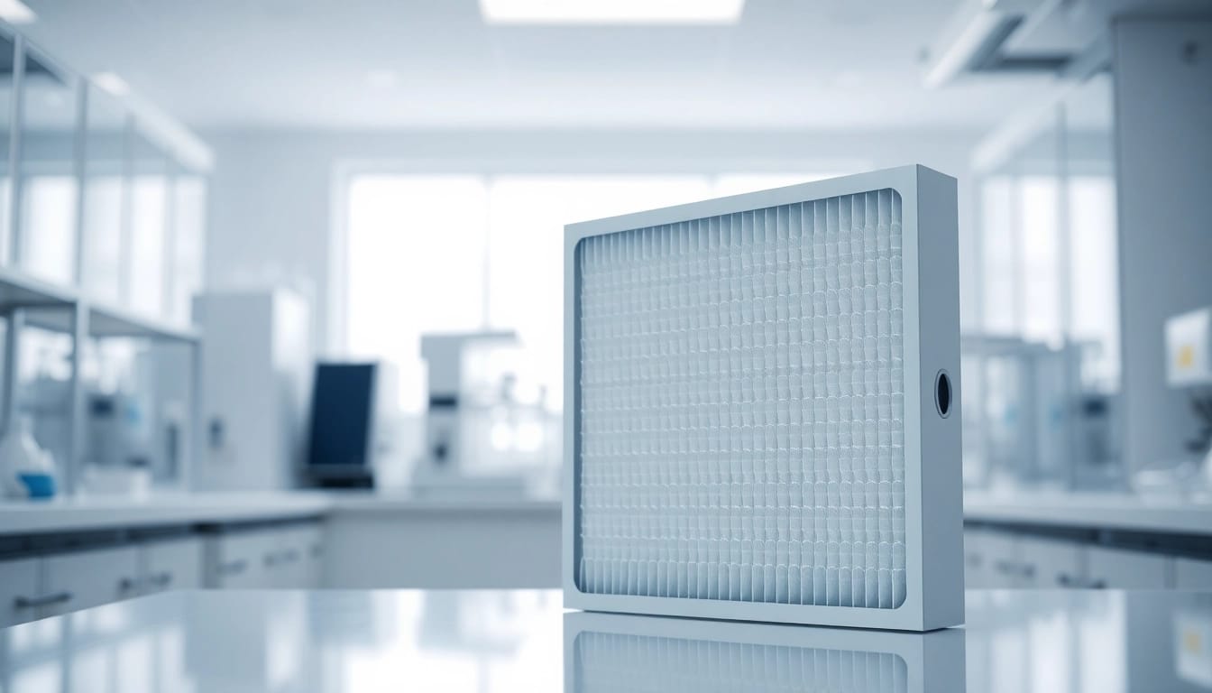 HEPA filter in a modern laboratory setting, emphasizing air filtration technology details.