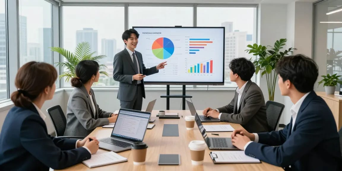 Financial advisor team collaborating on investment strategies in a modern office