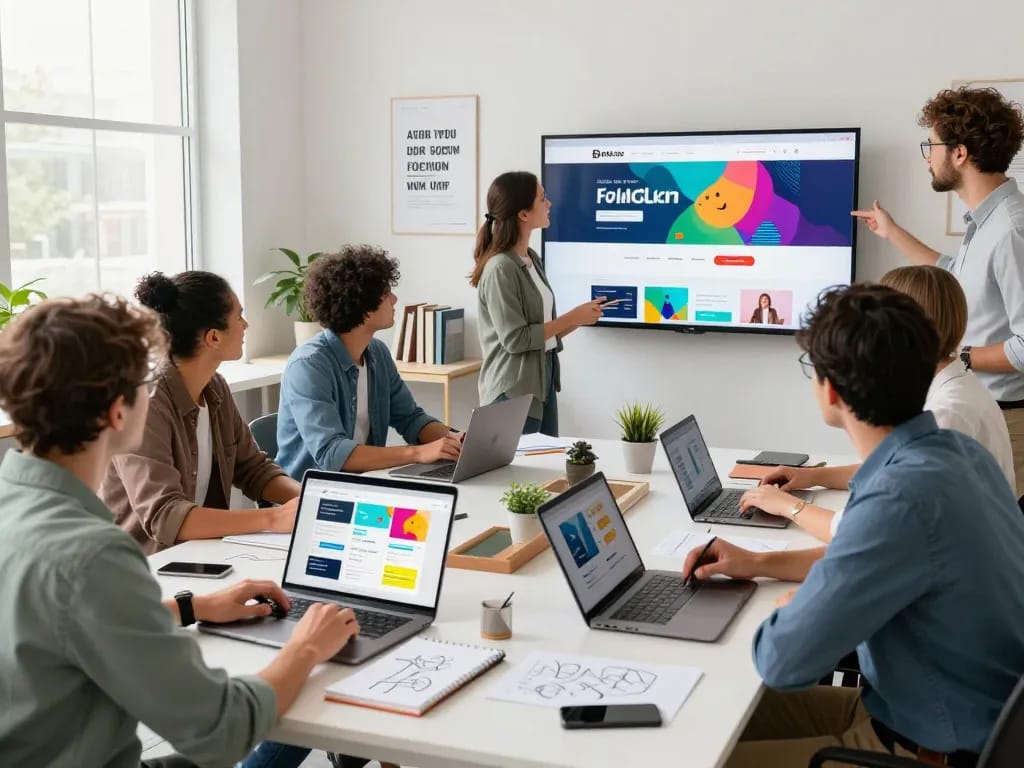 Dynamic team collaboration in a modern web design studio showcasing creative brainstorming with vibrant mockups.