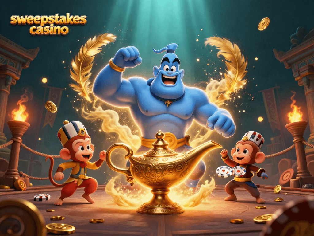 Engage in exciting sweepstakes casino gameplay with this vibrant 3D illustration showcasing thrilling elements and characters.