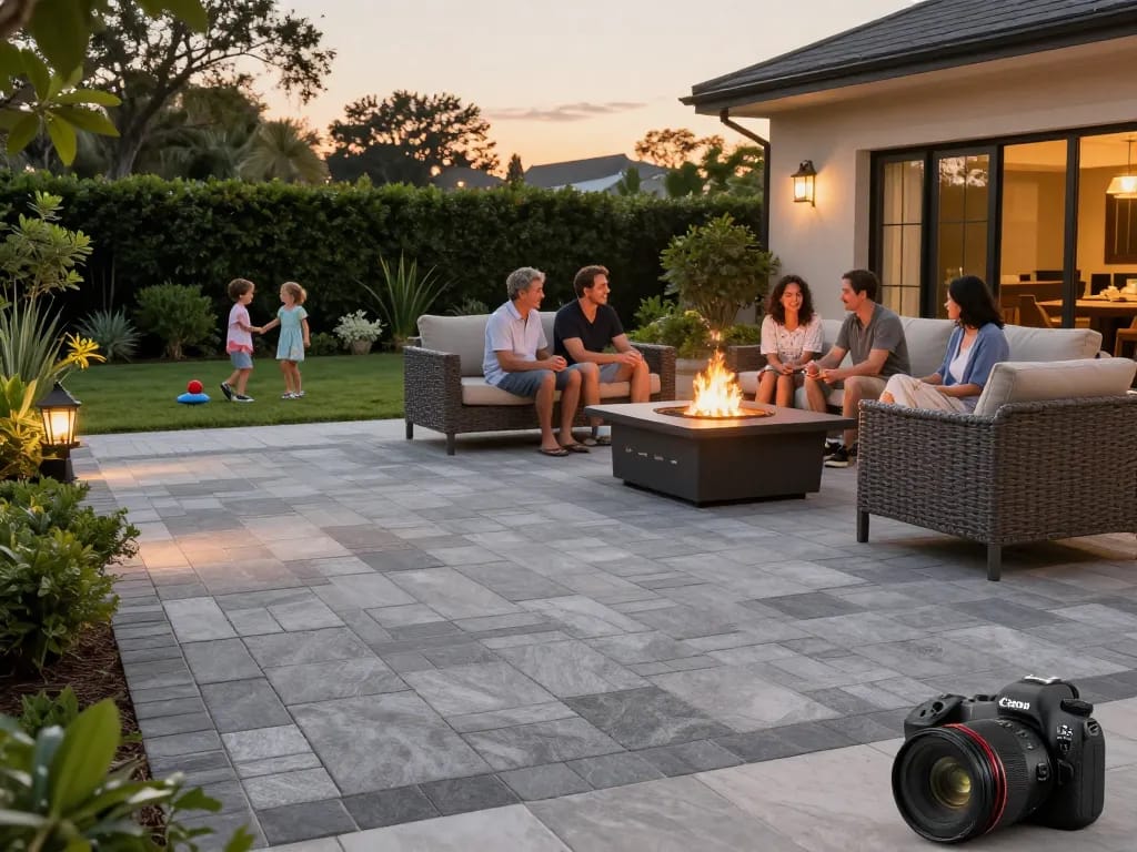 Pavers near me: Elegant outdoor living space with a family enjoying a paved patio and fire pit at sunset.