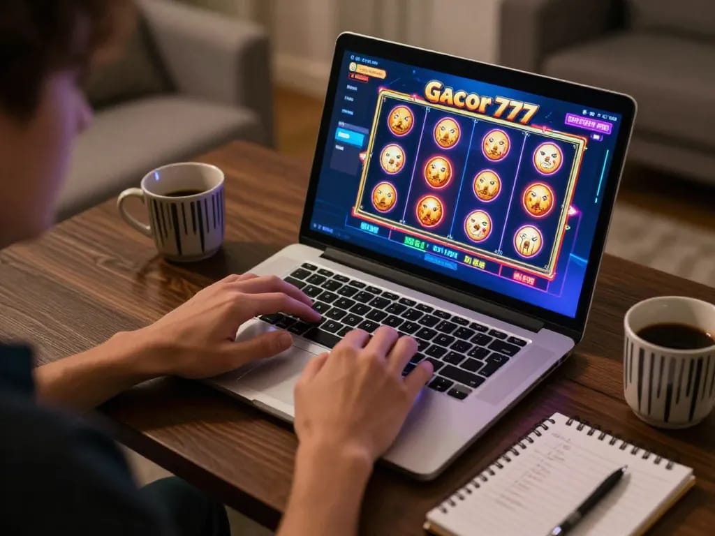 Engaging online gaming scene showing a vibrant slot gacor 777 interface on a laptop.