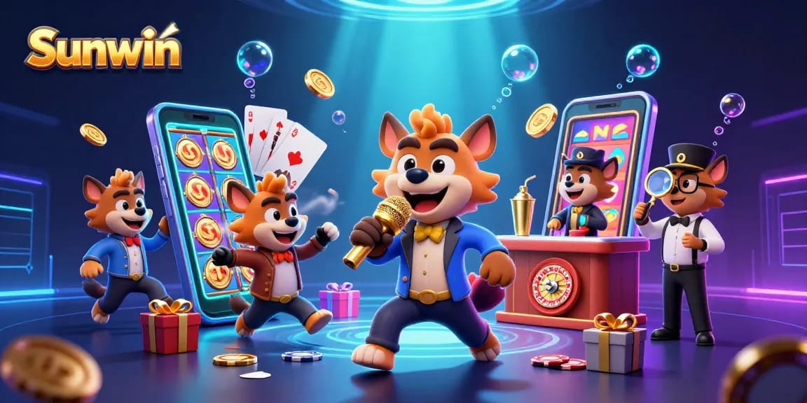Enjoy thrilling gameplay at Sunwin with lively hyena characters in a vibrant casino scene.