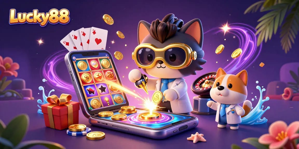 Win big with Lucky88 in this fun casino scene filled with animated 3D elements and excitement.