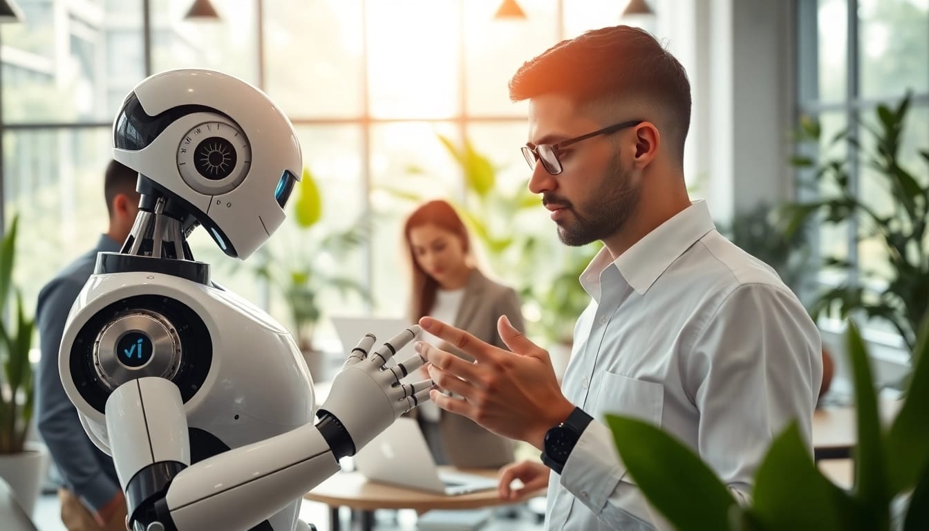 AI Employee assisting team members in a modern office environment, showcasing collaboration and tech integration.