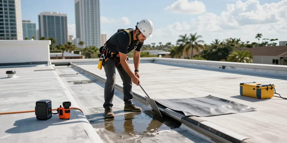 Flat roof repair expert inspecting TPO roofing in Tampa, highlighting issues and solutions, focusing on https://avatarroofing.com/residential-roofing-tampa/roof-repair-tampa/flat-roof-repair-tampa/.