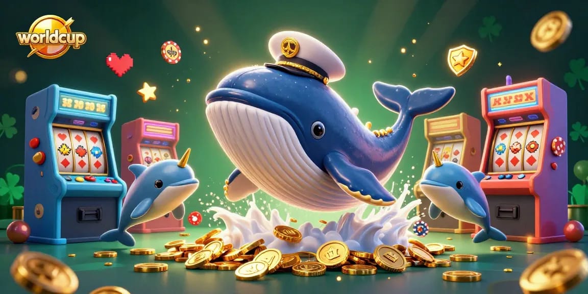 Experience the worldcup excitement with whales, dolphins, and poker action in vibrant casino art.