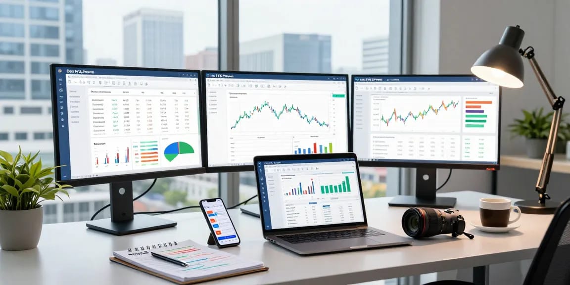 Analyzing financial data on the Das IVQ Portal in a modern office.