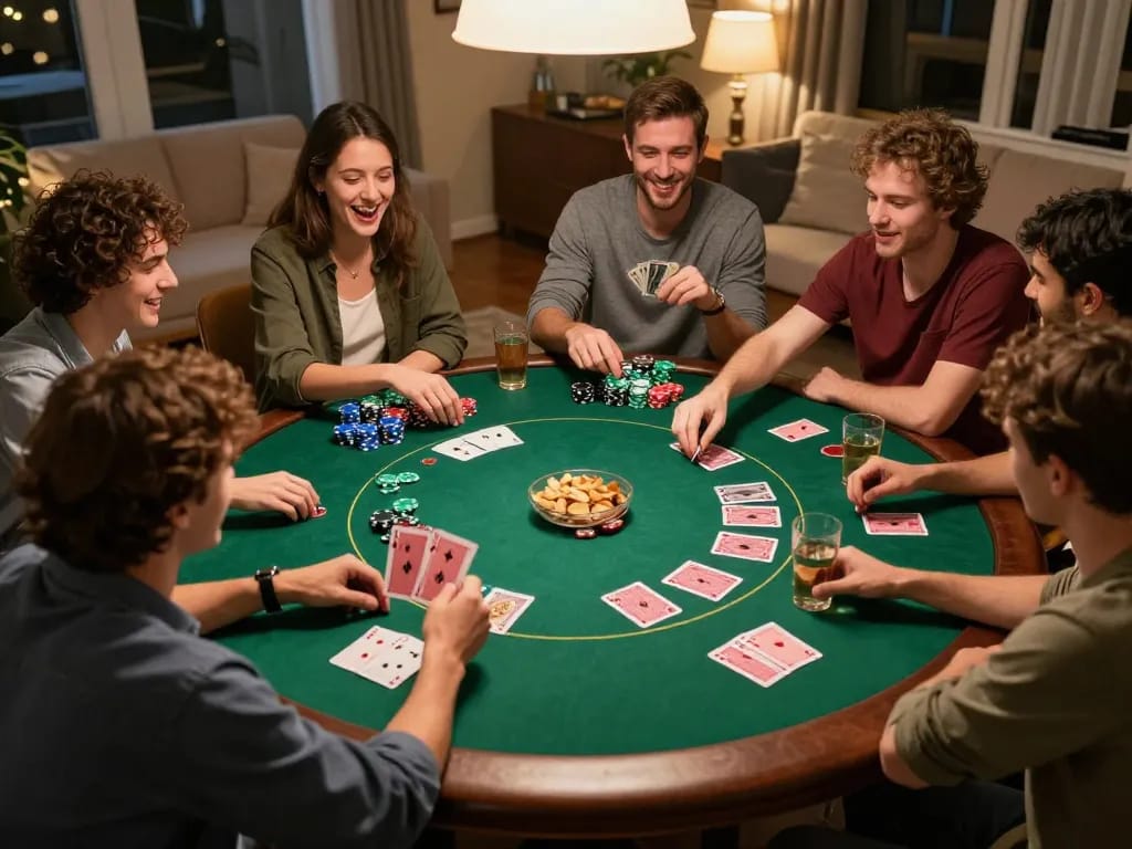 Friends enjoying a lively poker night, showcasing the engaging gambling experience with qq88.