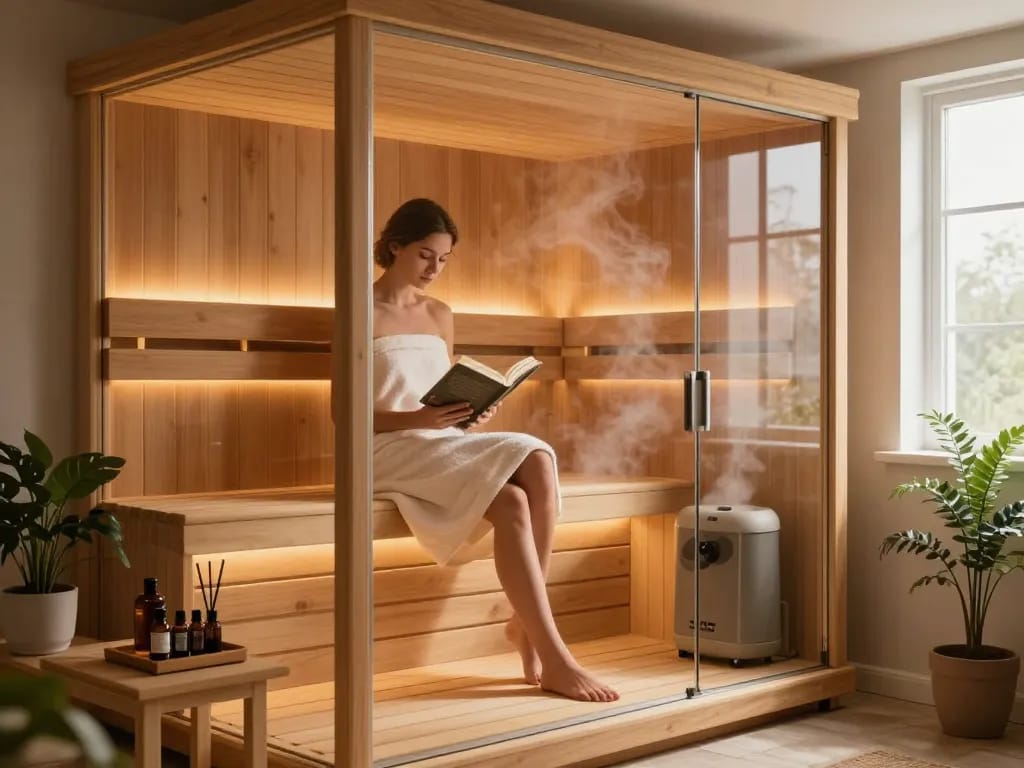 Inviting sauna 3D design with soft lighting and cozy ambiance, featuring a person relaxing.
