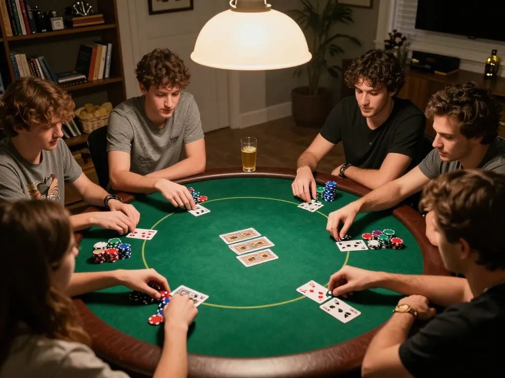 Login lu88 strategy at a lively home poker night with friends and vibrant poker chips