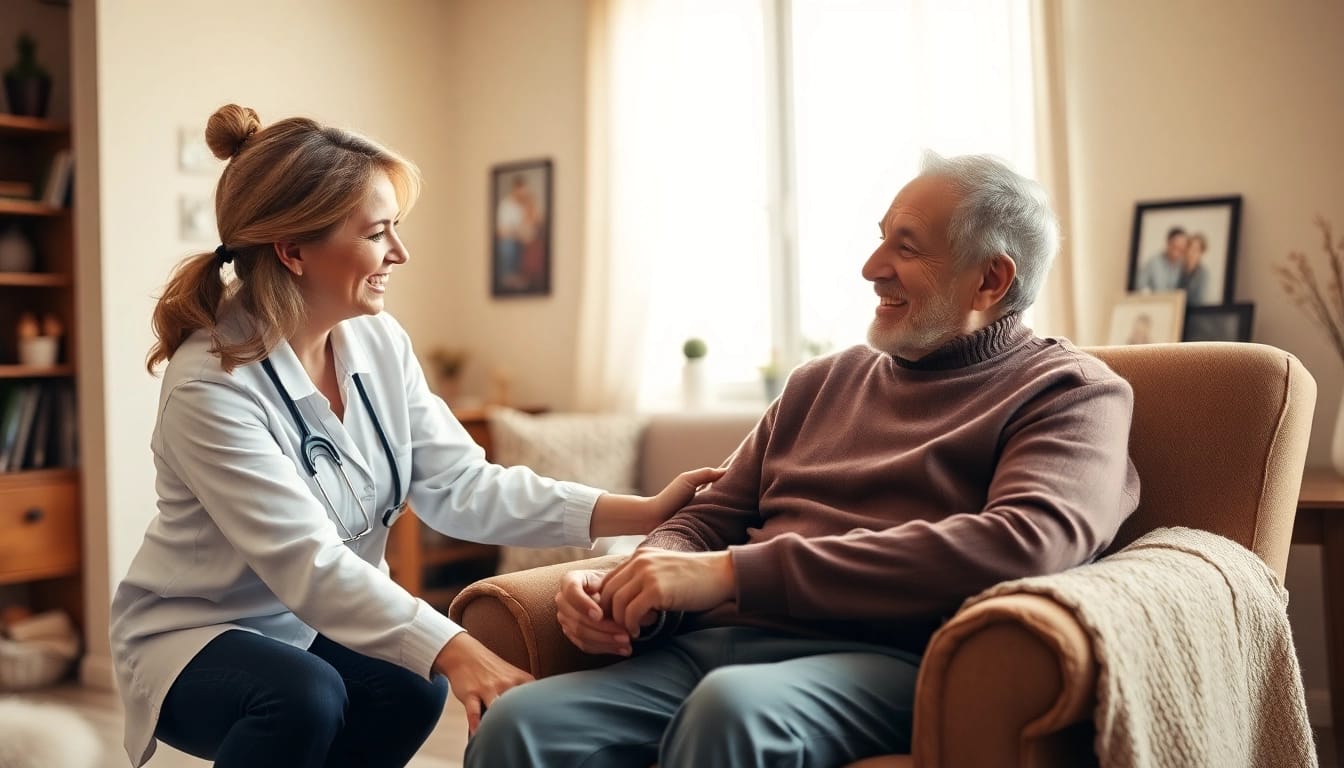 Engaging caregiver providing in home health care services near me in a cozy home environment.