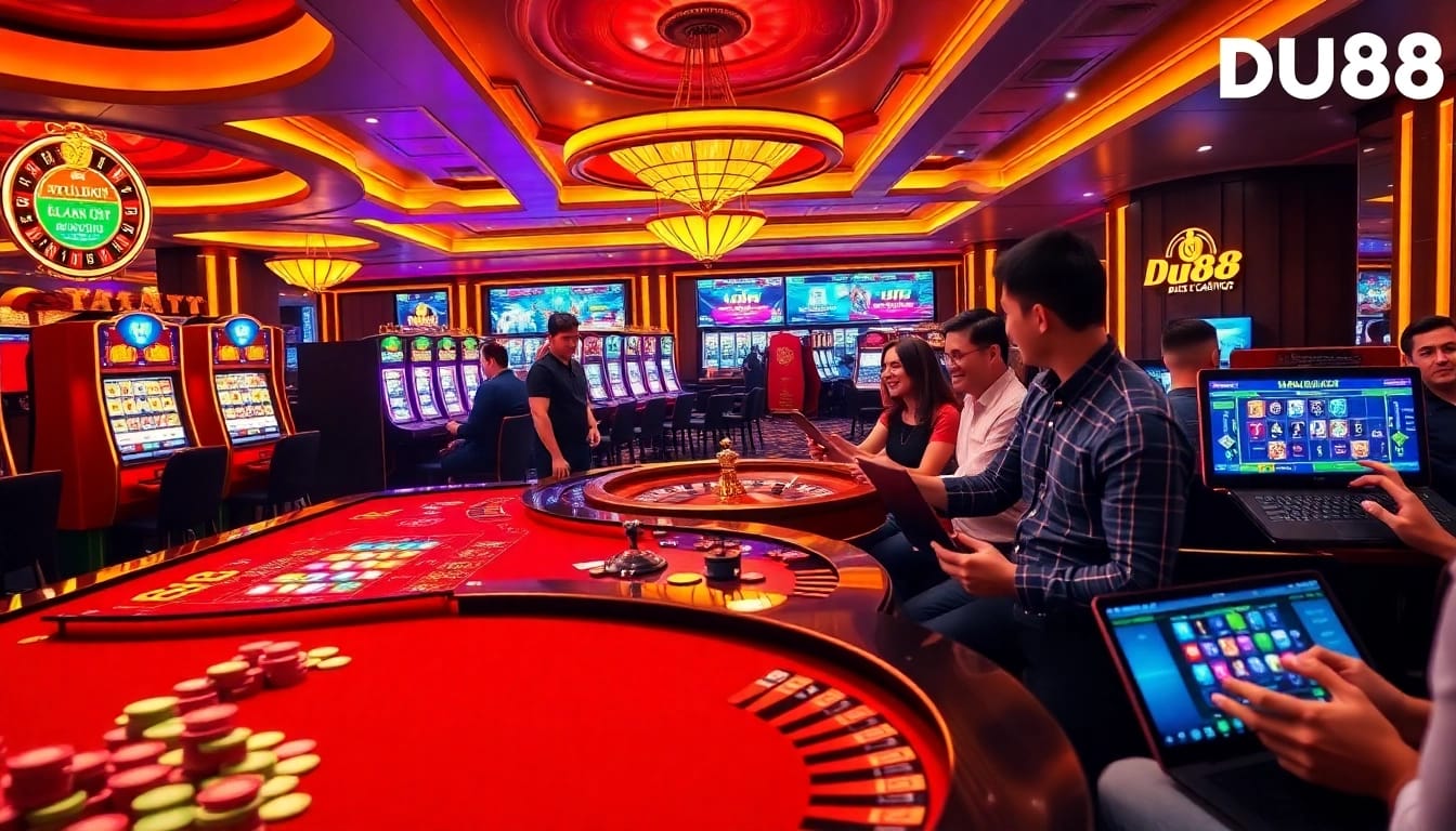 Engage with thrilling gambling action at DU88, featuring vibrant casino games and players in excitement.