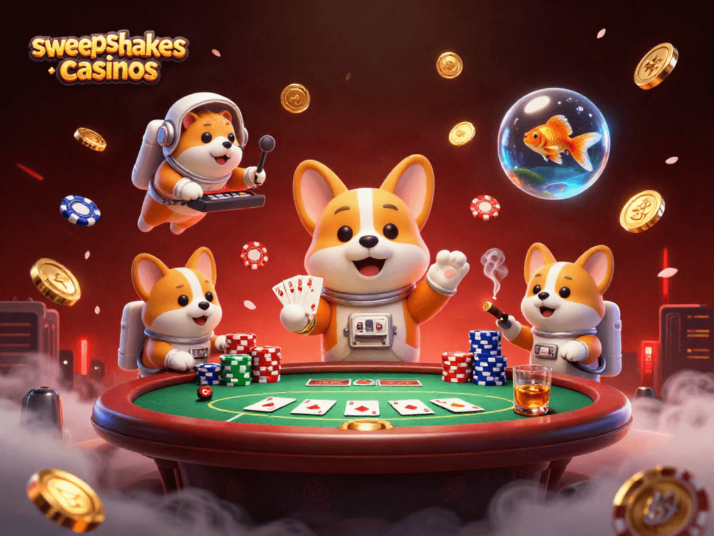 Experience the thrill of sweepstakes casinos with a whimsical scene featuring floating poker chips and cartoon characters.