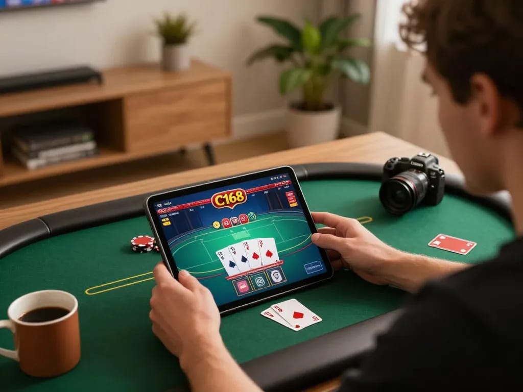 C168 player strategizing during an online poker game with tablet interface