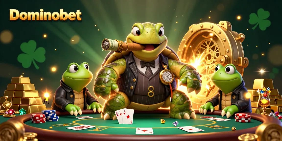 Experience the thrill of poker with Dominobet's vibrant 3D casino illustration featuring animated characters.