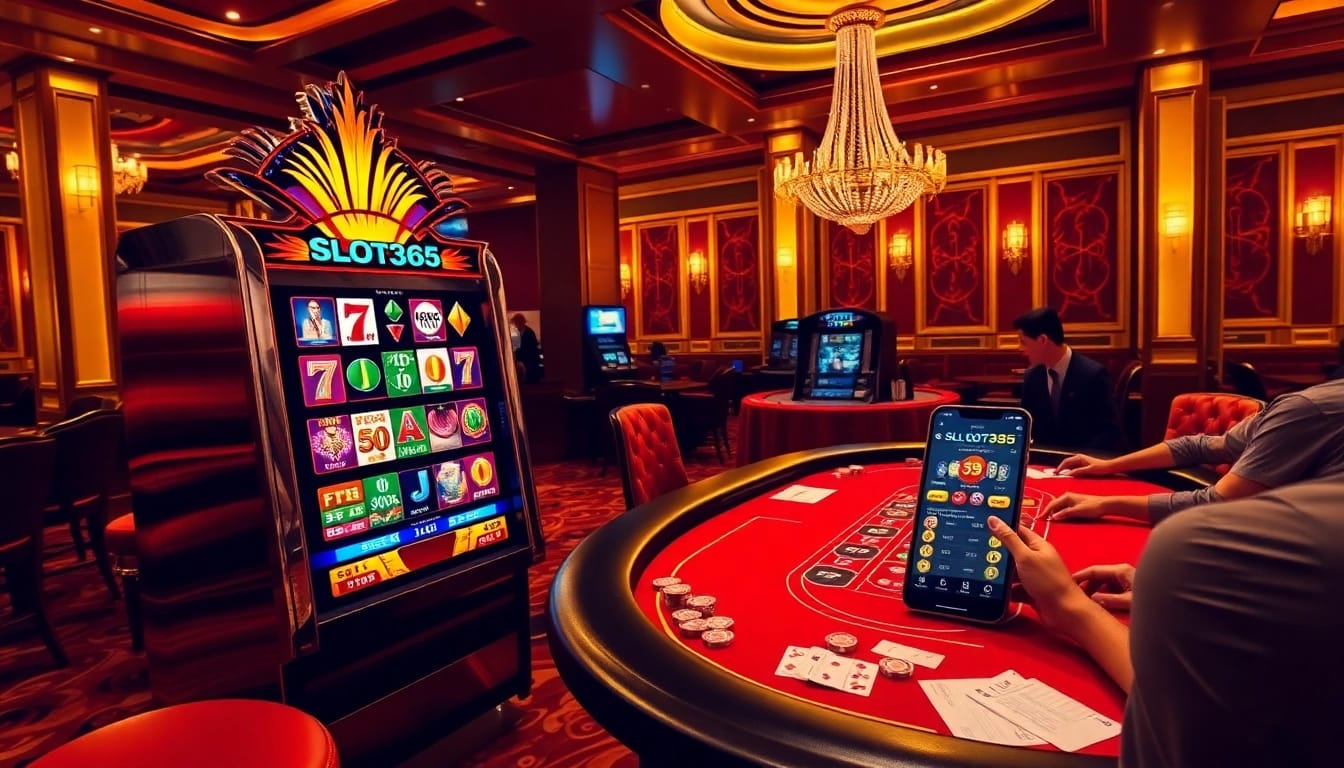 Engaging players at Slot365 with lively casino tables and vibrant slot machines in action.