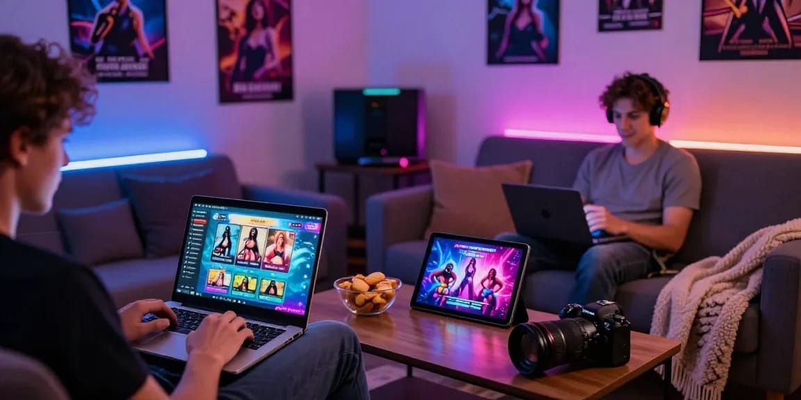 Engaging scene of a person playing porn games online on various devices, showcasing an inviting gaming environment.