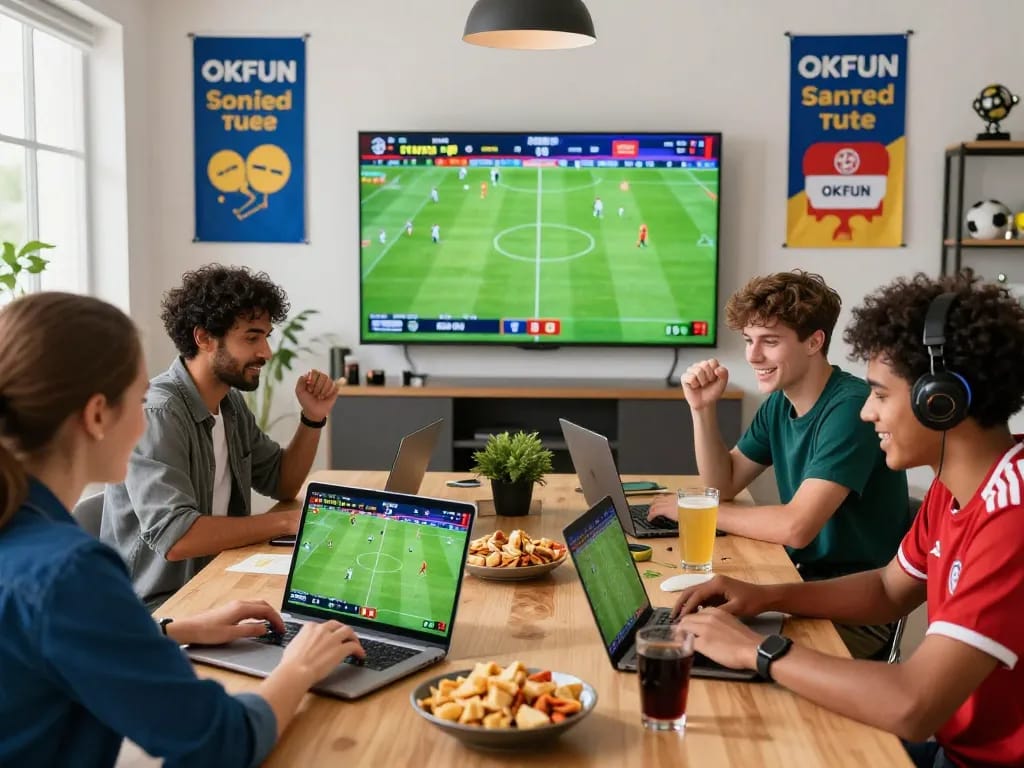 Enthusiastic bettors engaging with OKFUN online betting platform during a live football match.