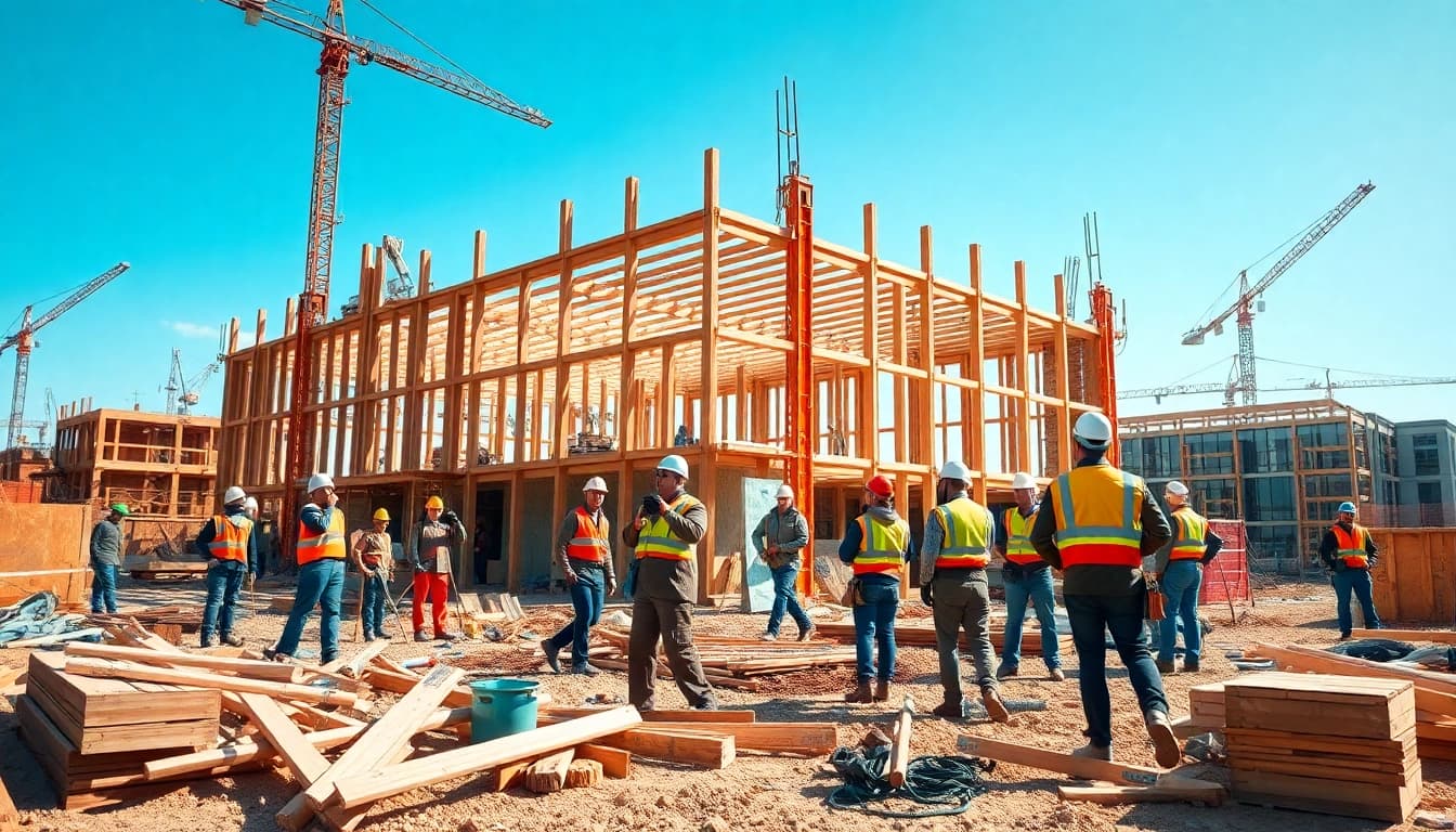 Workers engaged in construction classes, collaborating on a building project, showcasing teamwork and expertise.