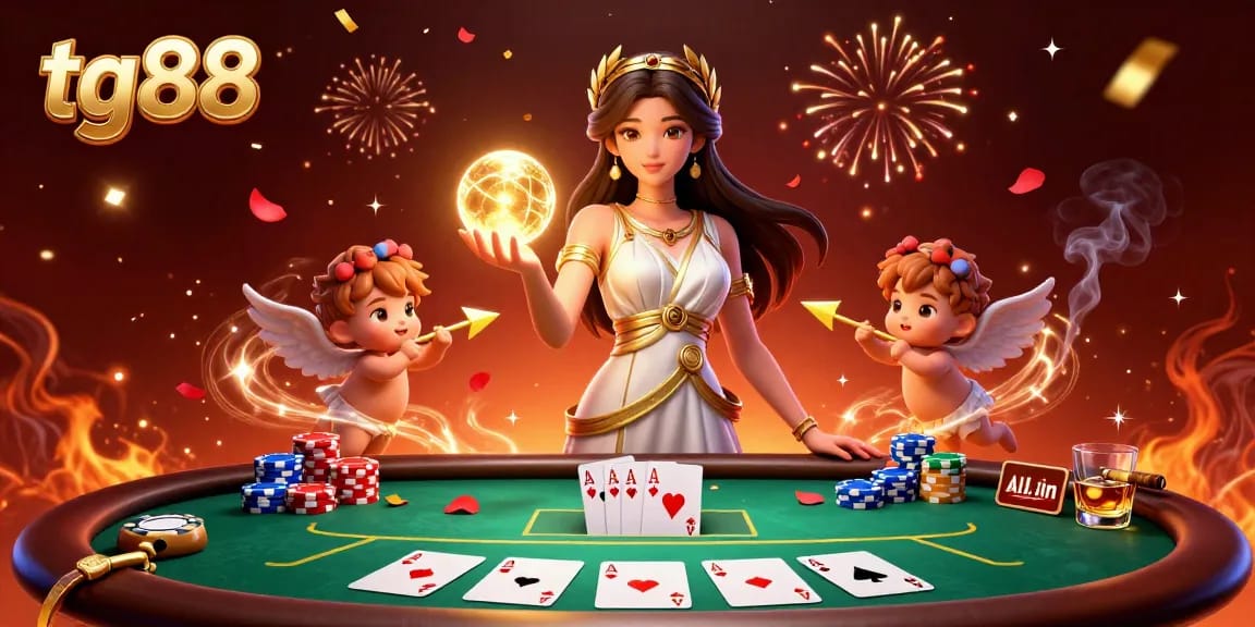 Experience excitement at tg88 with a captivating 3D goddess and charming Cupids in a vibrant casino scene.