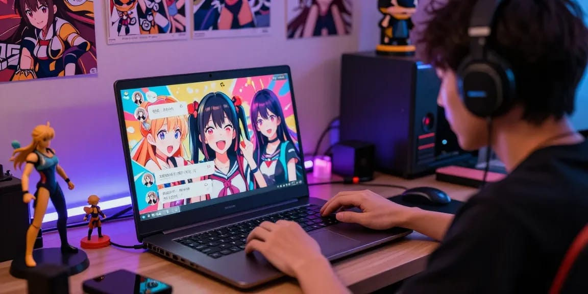 Engaging ecchi ai chat experience with colorful characters on a sleek laptop in an inviting gaming room.