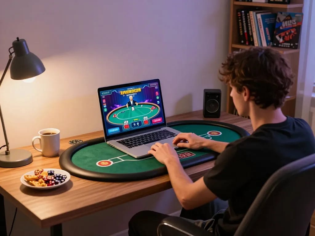 Pemain terlibat dalam permainan poker online di gg999 dari pengaturan rumah yang nyaman, menunjukkan strategi dan kesenangan.