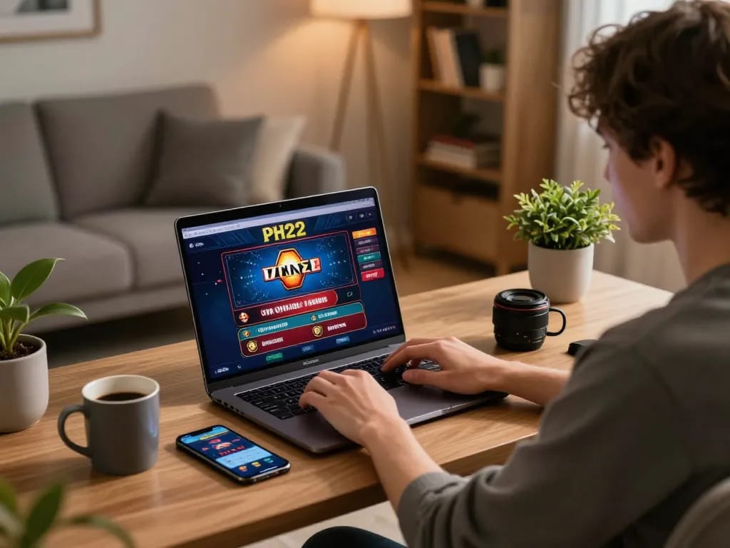 Engaging online gaming session with PH22 app on laptop and smartphone in cozy home setting.