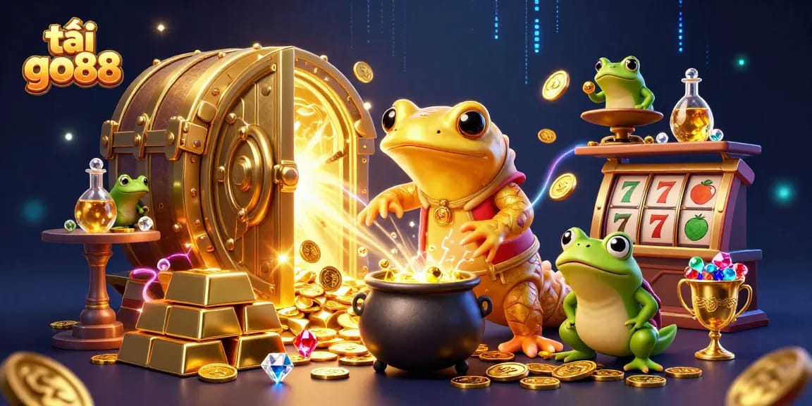 Tải go88 and win big with the vibrant 3D casino-themed illustration showcasing alchemists and treasure.