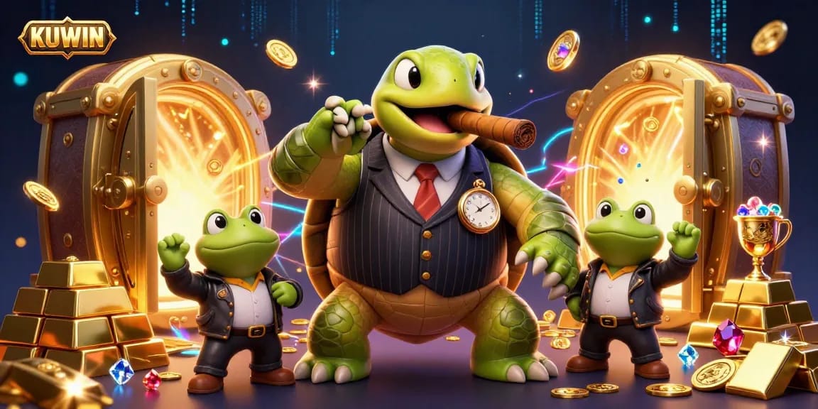 KUWIN casino scene featuring a snapping turtle and bullfrog enforcers surrounded by sparkling gems and treasures.