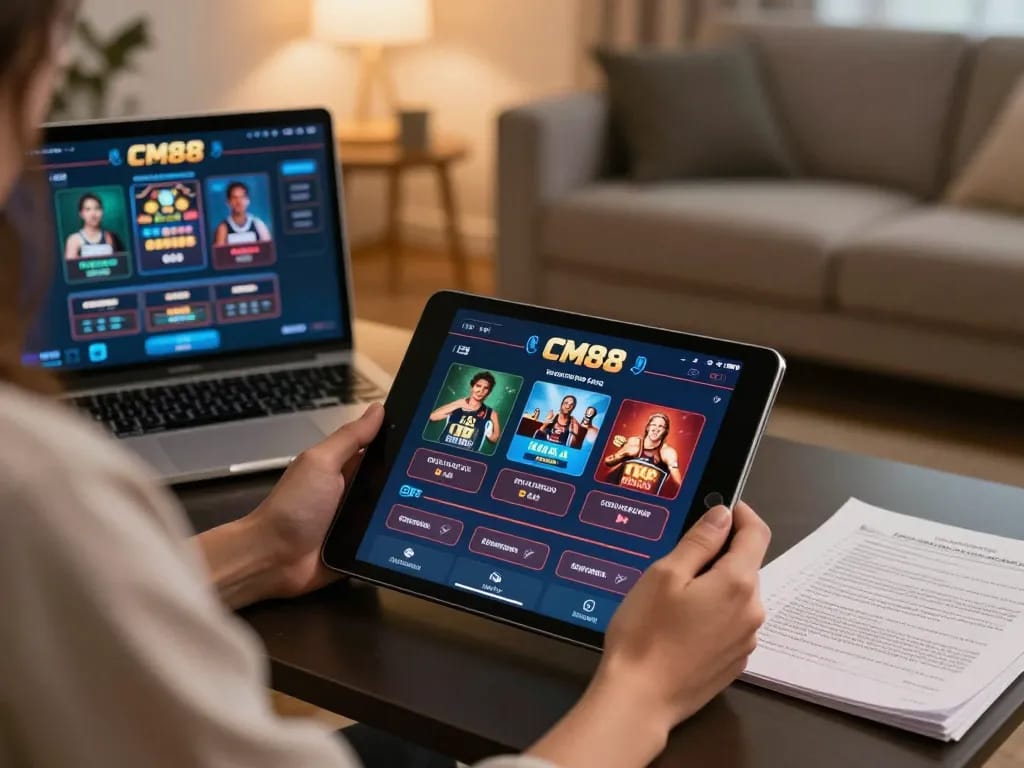 CM88 user engaged in online gaming with tablet on a stylish office desk, showcasing interactive casino interface.