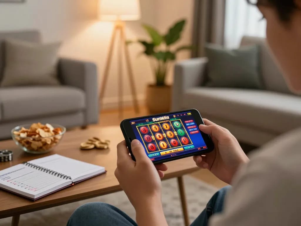 Person enjoying a Sunwin mobile game in a cozy home setting, showcasing excitement and gaming strategy.