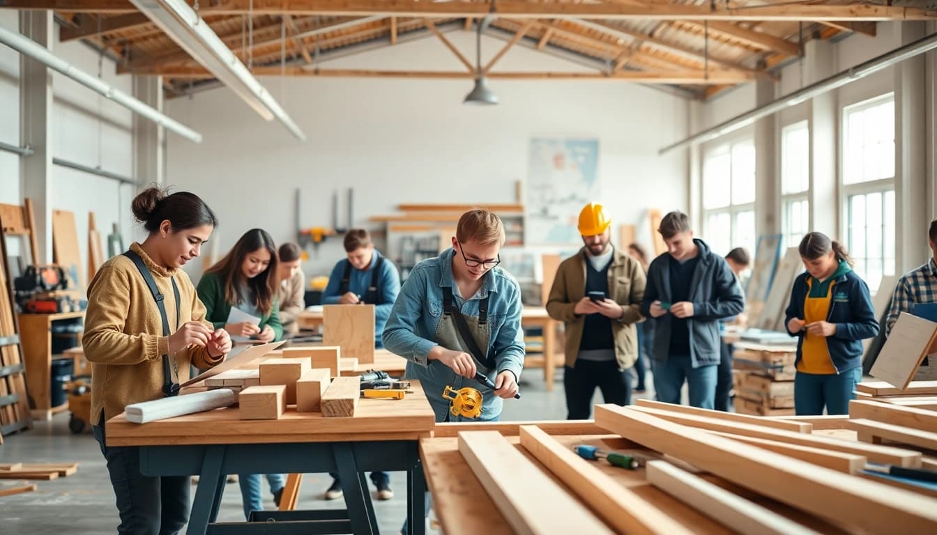 Students participating in engaging construction classes in a well-lit workshop environment.