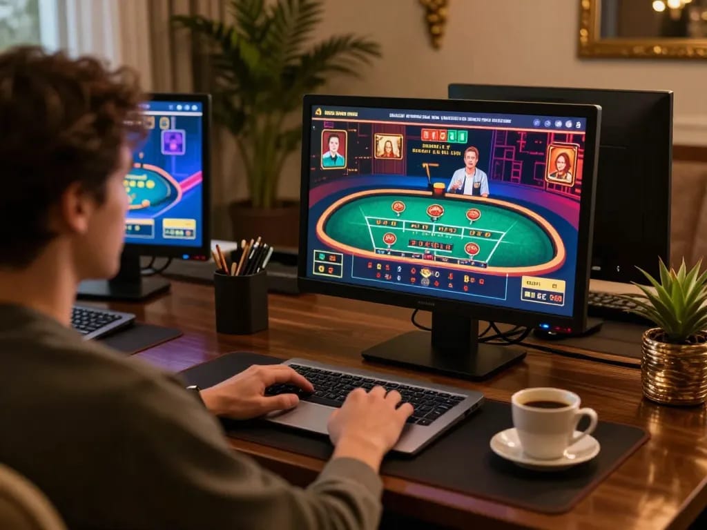 Engaged player exploring CM88 online casino games from a stylish home office setup