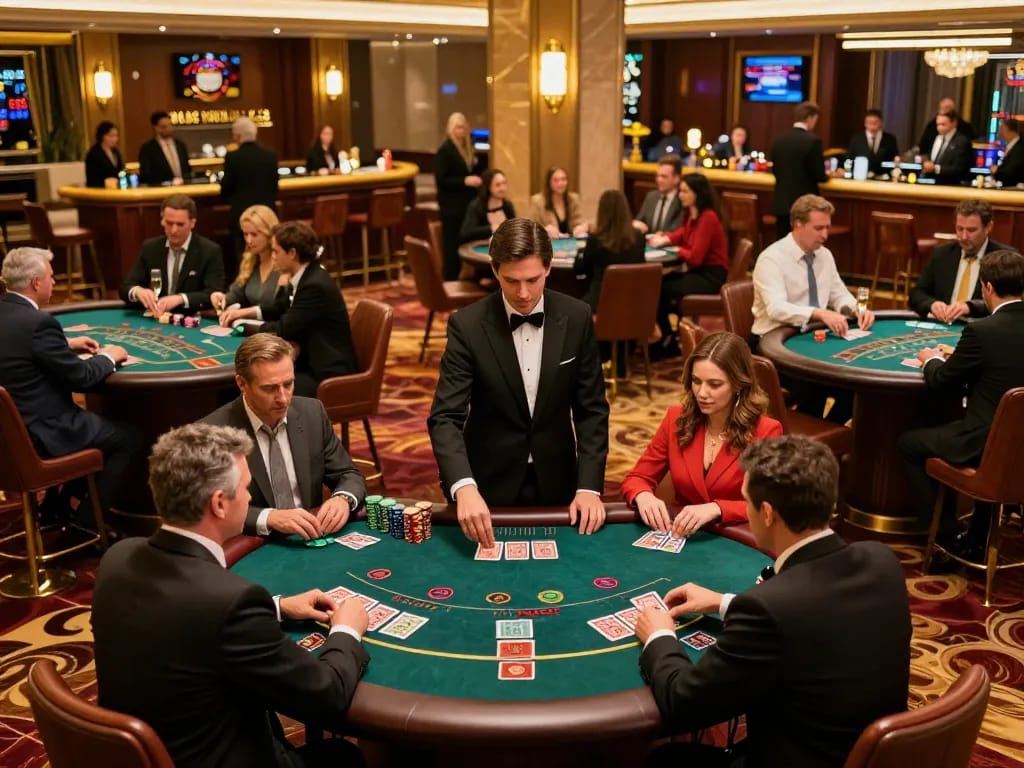 Players strategizing at vipwin blackjack tables in a luxurious casino environment, showcasing thrilling moments.