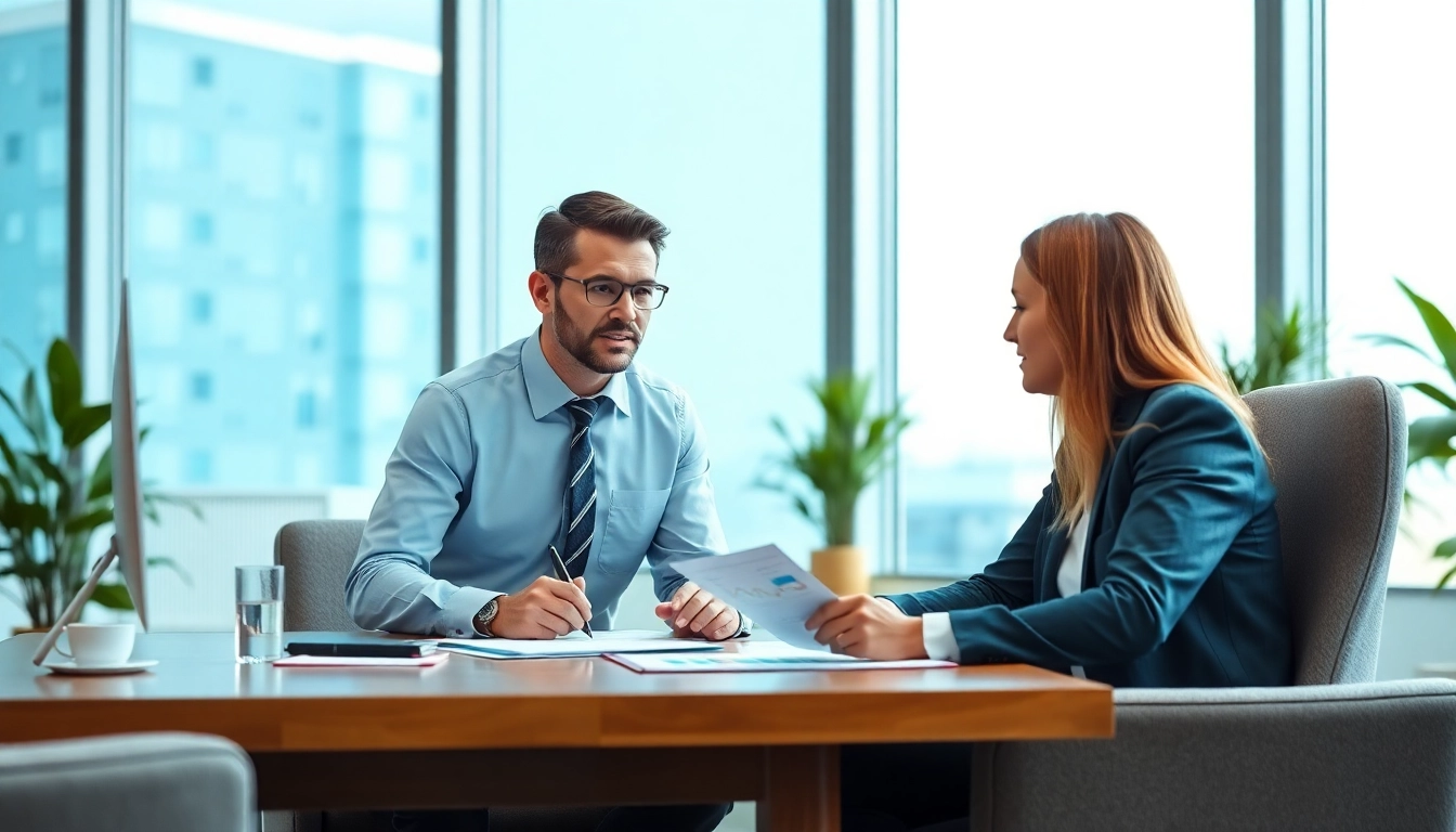 Fiduciary financial advisor consulting a client with financial documents in a modern office.