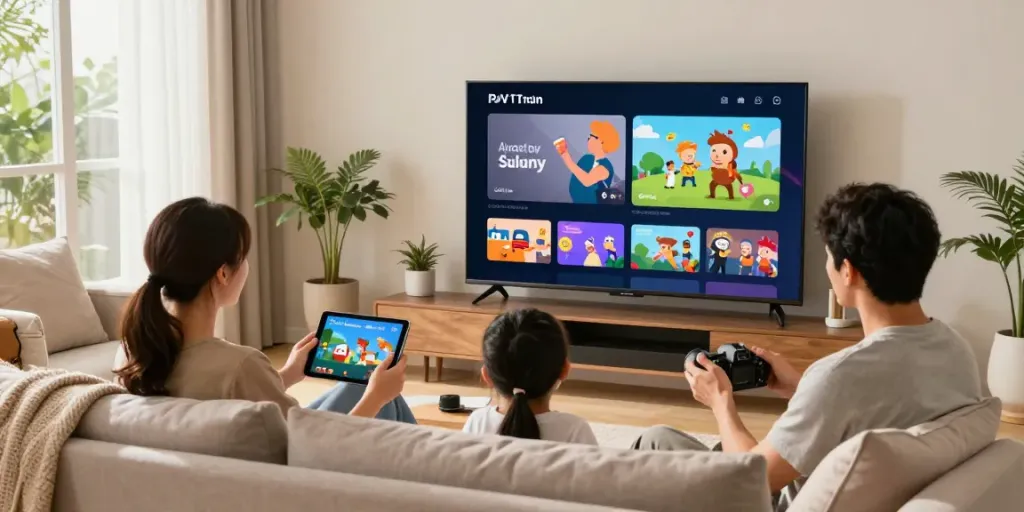 Family enjoying a free IPTV trial in a cozy living room with streaming TV.