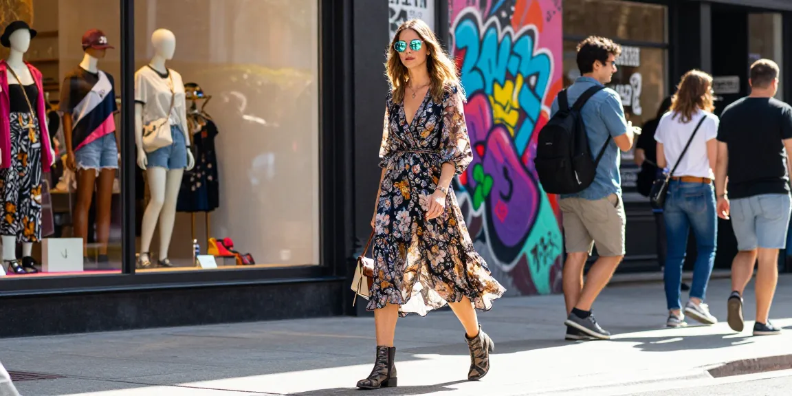 Stylish woman in women's fashion outfit walking down a vibrant urban street.