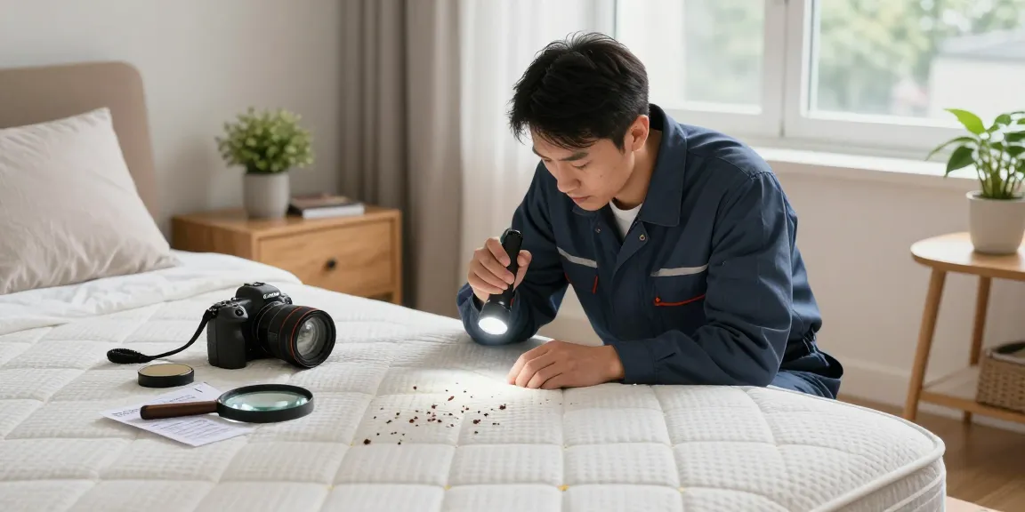 Bed bug exterminator inspecting mattress seams for pests in a cozy bedroom.