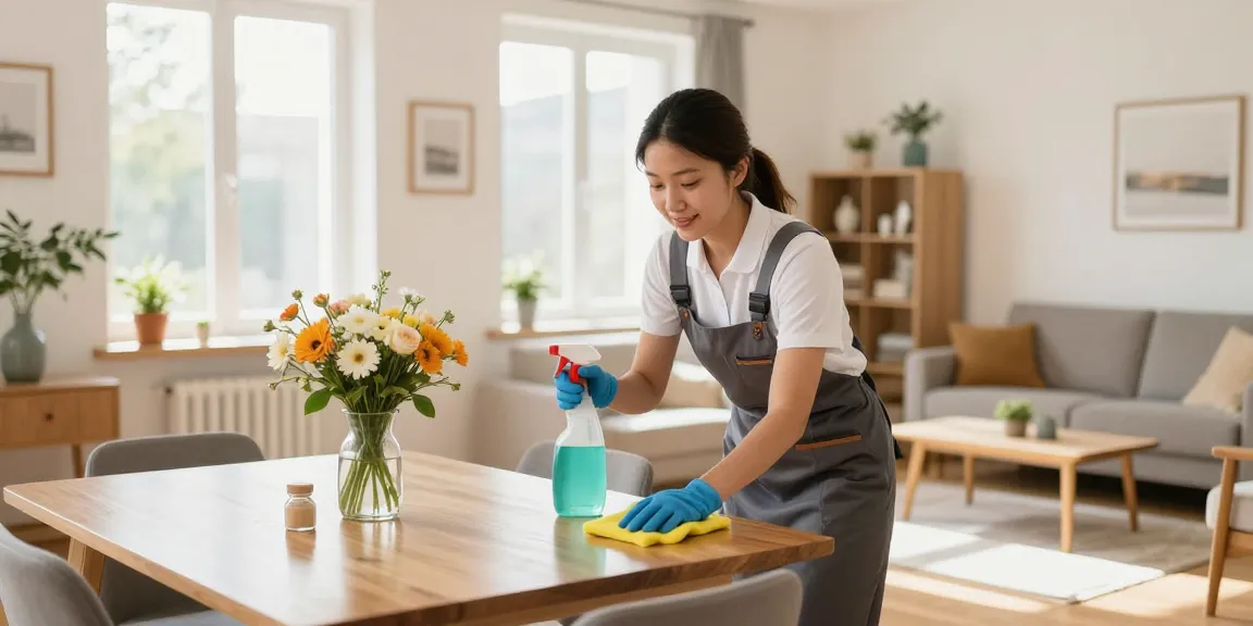 Engaged housekeeper performing hauswartung solothurn, ensuring a pristine living room with natural light.