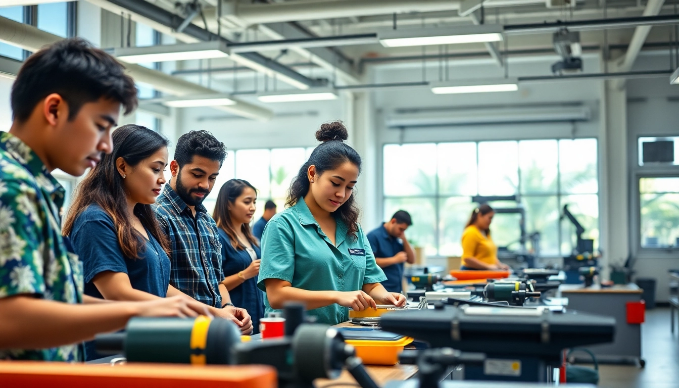 Trade school Hawaii students actively learning in a collaborative and modern environment.