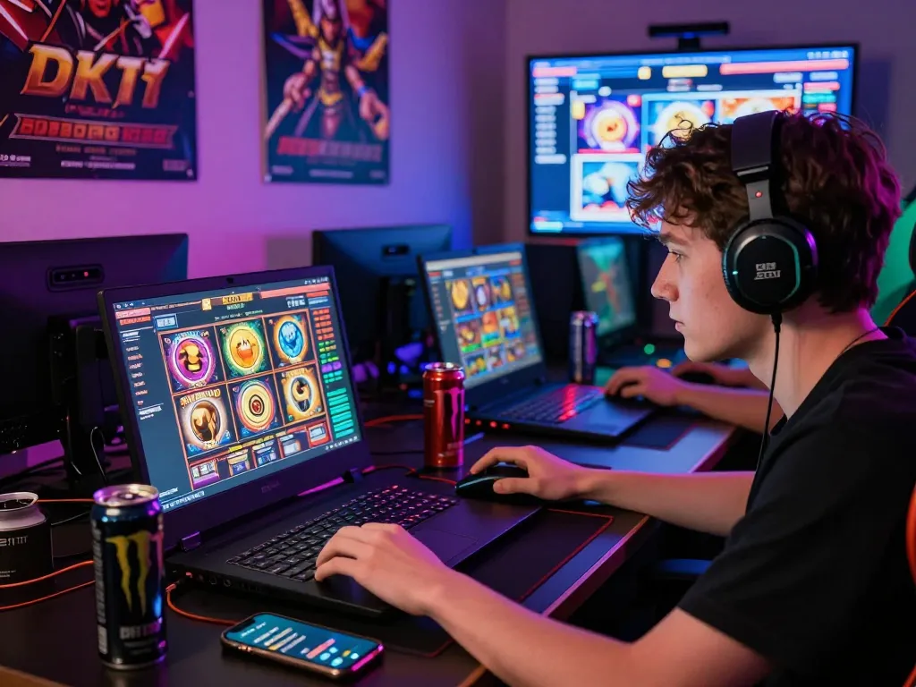 Player enjoying dk7 slot games on a laptop with vibrant gaming accessories, engaging online atmosphere.