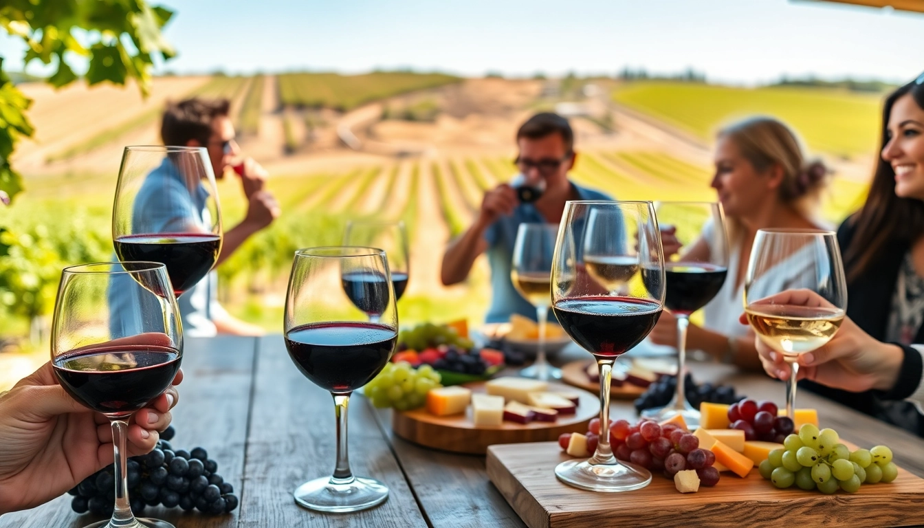 Enjoying Clarksburg wine tasting with friends at a vineyard during a sunny day.