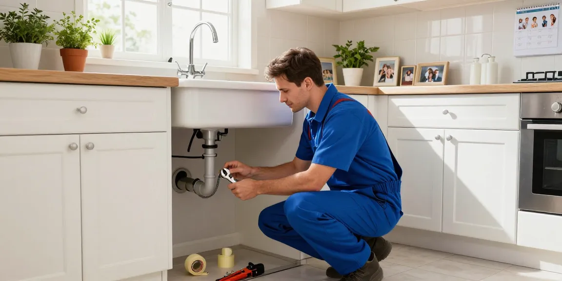 24 hour plumber San Diego servicing a home kitchen, showcasing professional repair of a leaky pipe with tools and bright daylight.