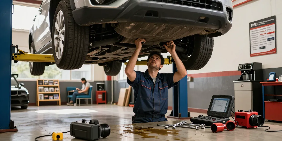Mechanic assessing a used car warranty inspection at an automotive service center.
