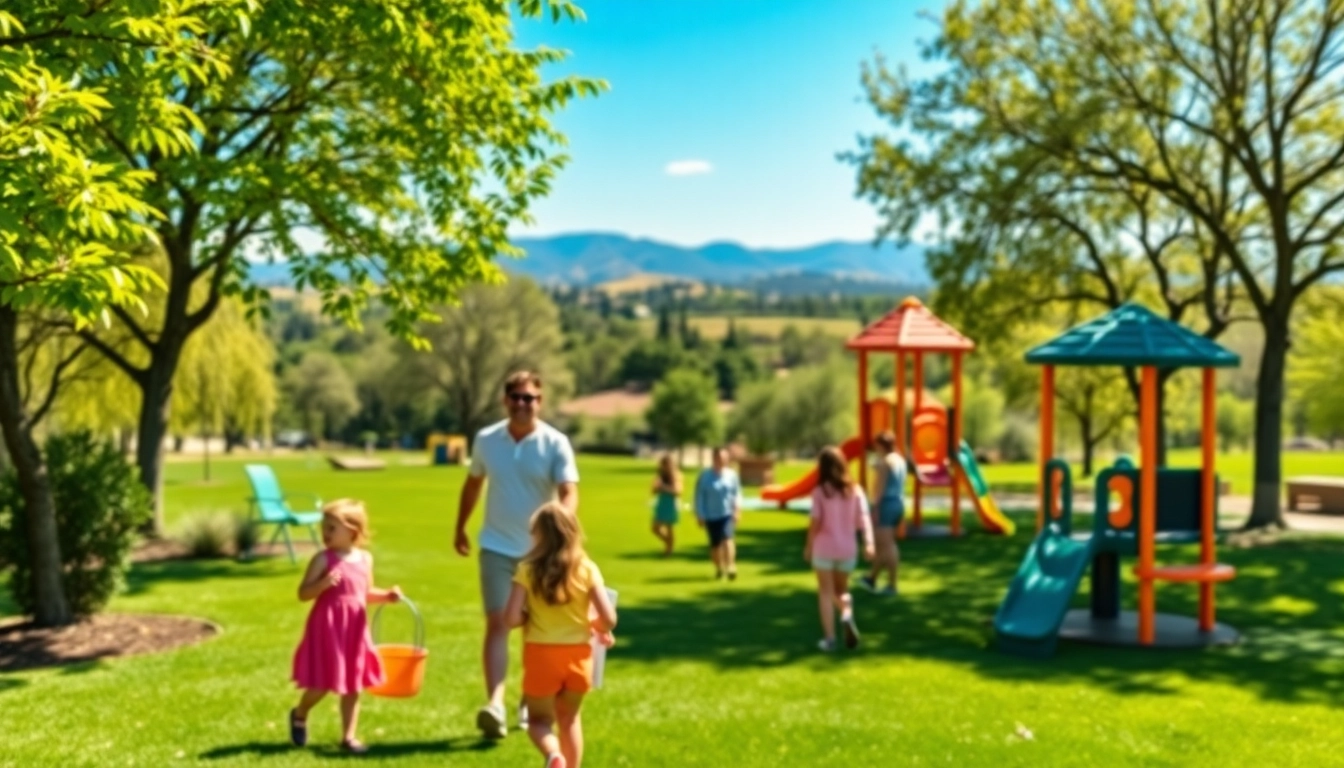 Families engage in activities at a local park, showcasing things to do in Clarksburg ca with vibrant greenery.