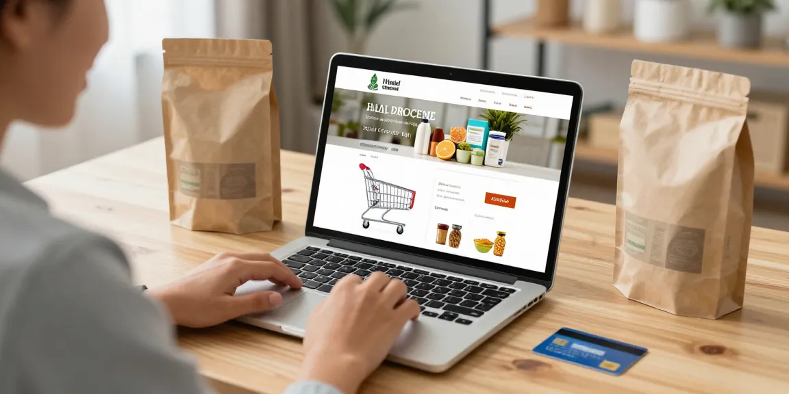 Engaging online shopping scene for Halal grocery, showcasing top products and best deals on e-commerce platform.